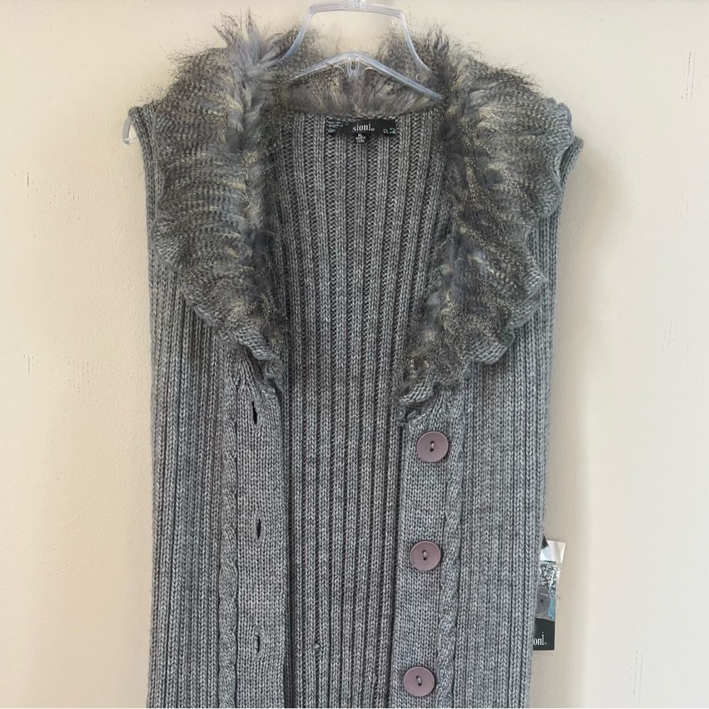 Sioni Y2K Faux Fur Cable Knit Longline Wool Blend Sweater Vest Cardigan SZ XL - Picture 5 of 16